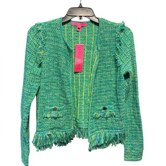 Lilly Pulitzer Simora Fringe Cardigan Evergreen Exotic Tweed Size XS NWT - Picture 4 of 9